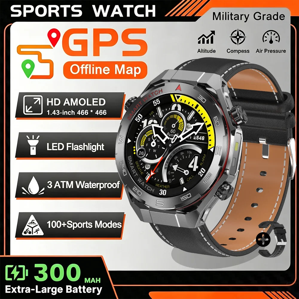 2026 New GPS Sports Smartwatch 300mAh Large Battery LED Flashlight Compass Barometer Military Grade Men's Smartwatch Gift