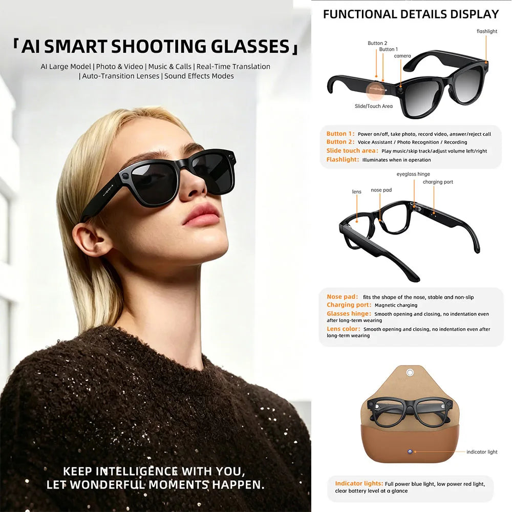NEW 4K HD Smart Glasses 800W HD Camera AI Large Model IP54 Waterproof AI Dialogue Translation Music Smart Glasses Men Women