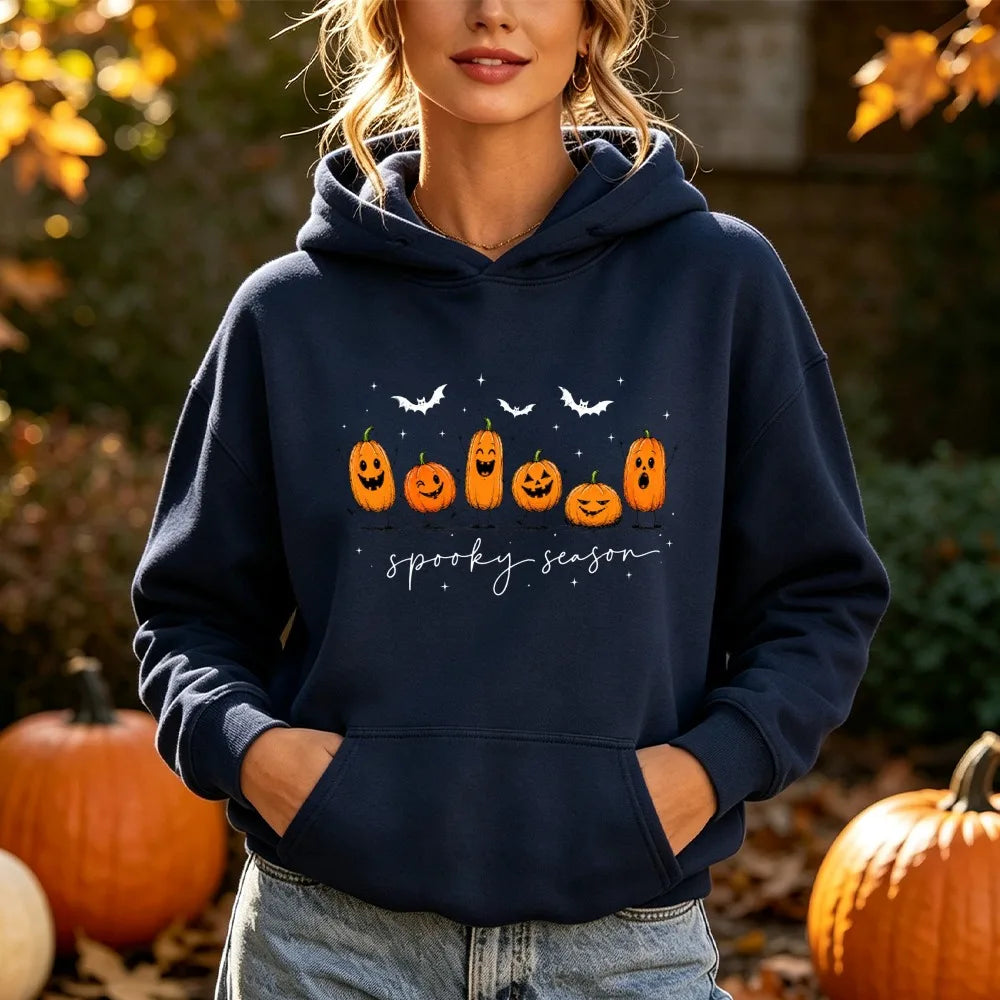 Spooky Season Cute Pumpkin Jack O Lantern Print Hoodie Women Halloween Fall Autumn Funny Graphic Long Sleeve Pullover Top