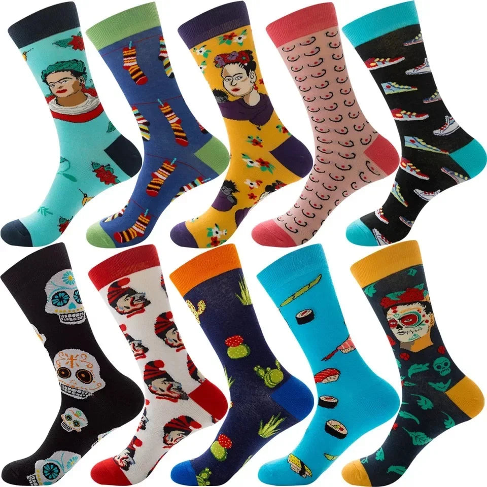 10 Pairs Lot Pack Men Women Couples Lover Socks New Arrival Rhombus Animal Christmas Cartoon Fruit Food Dot Cotton Happy Socks