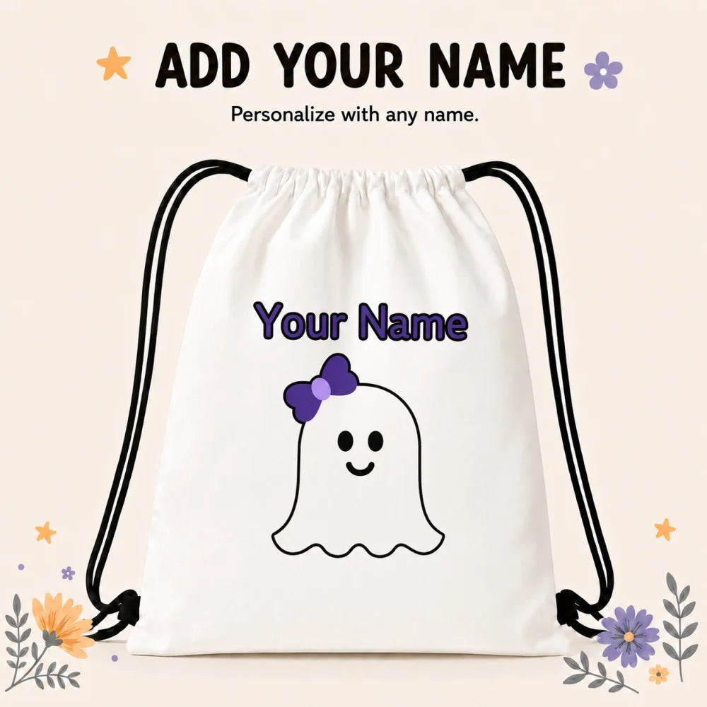 1pc Custom Name Halloween Cute Ghost Drawstring Backpack, Personalized Print String Storage Bag for Kids Gym Trick Or Treat Gift