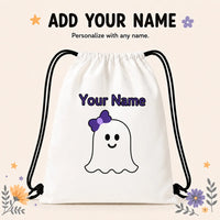 1pc Custom Name Halloween Cute Ghost Drawstring Backpack, Personalized Print String Storage Bag for Kids Gym Trick Or Treat Gift
