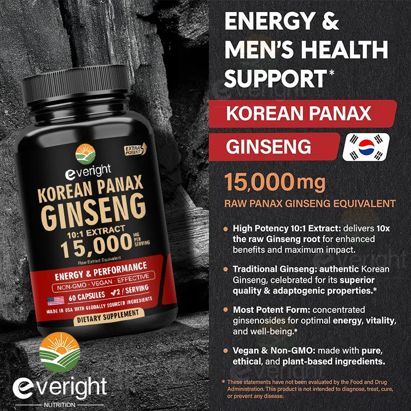 Red Korean Ginseng Supplement for Men - Extra Strength 10:1 Extract - Energy, Focus, Productivity, Performance - Natural & Vegan