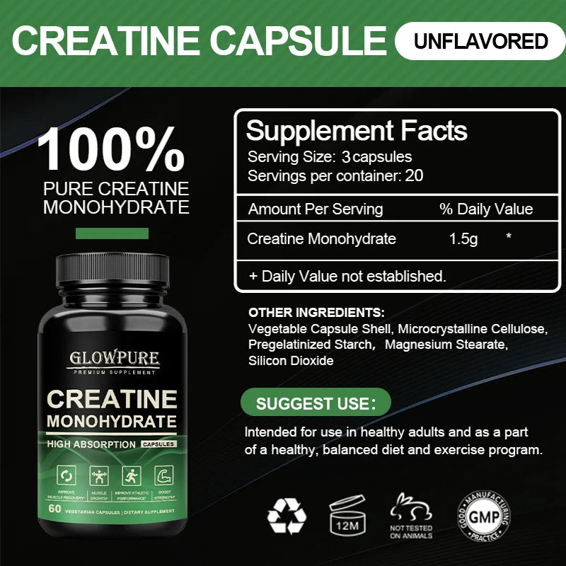 Creatine Monohydrate Capsules for Muscle Endurance, Workout Recovery, Mass Gainer, Strength Performance Nutritional Supplement