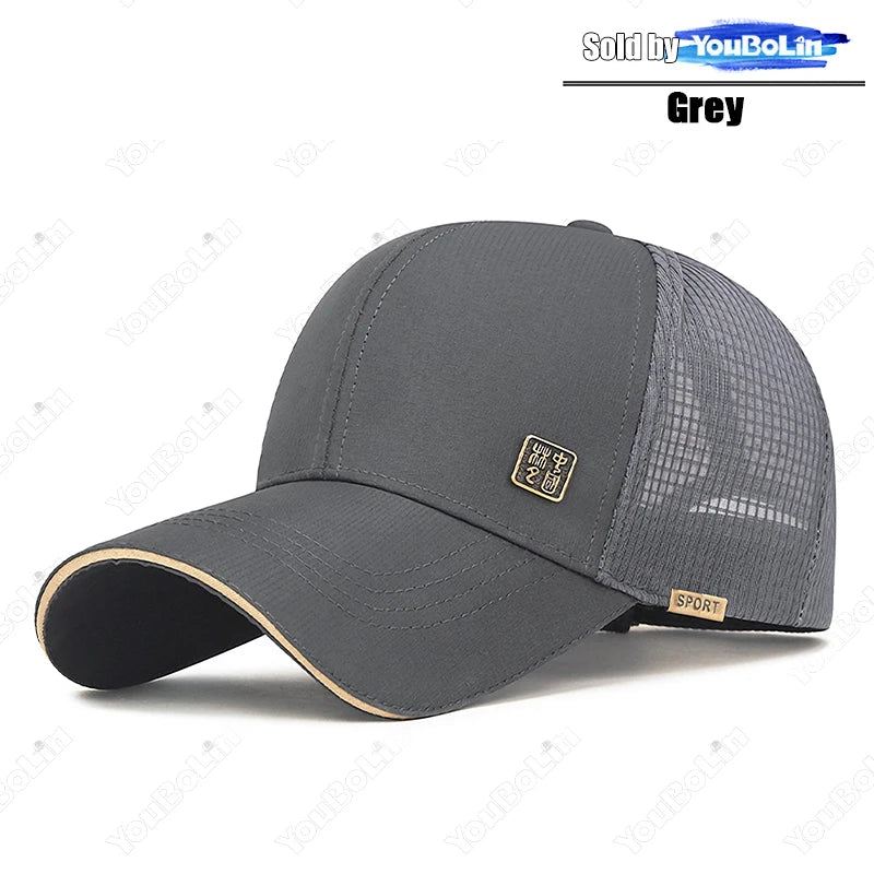 New Unisex Hard-Top Chinese Style Metal Label Mesh Baseball Cap Classic Outdoor Casual Sports Sun Hat Trucker Hats Dad Caps