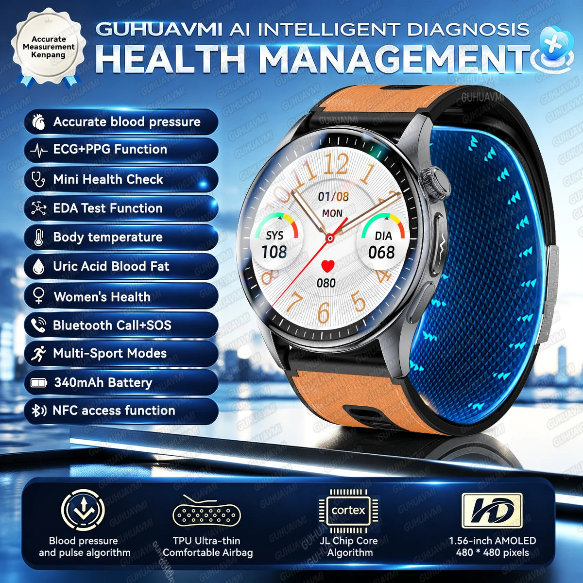 2026New Upgrade Airbag Health Smart Watch Accurate Blood pressure Uric Acid ECG 1.56“AMOLED Screen payment Fitness Nursing Watch