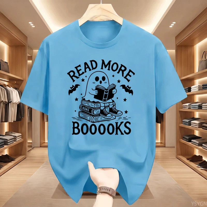 Read More Booooooks Ghost Book Lover T‑Shirt Cute Ghost Reading Book Stack Bat Star Spooky Halloween Bookworm Pun Quote Tops Tee
