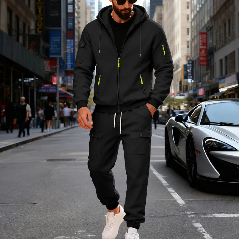 Autumn and Winter Men's Velvet Loose Casual Tooling Outdoor Sports Fashion Hooded Sweater Set