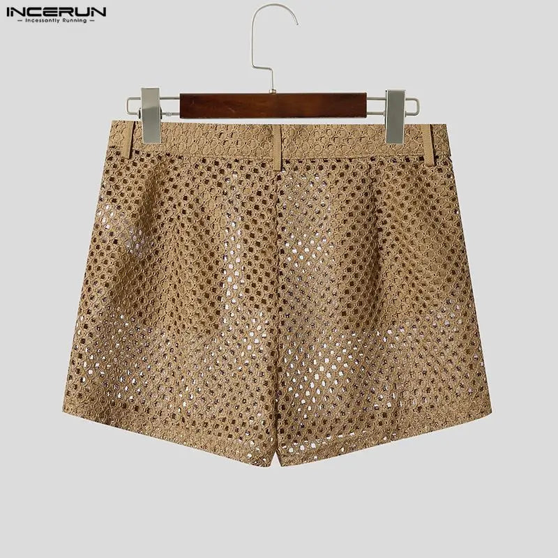 INCERUN Men's Shorts Solid Color Button Hollow Out Mesh See Through Men Bottoms Summer Streetwear Fashion Casual Shorts For Man