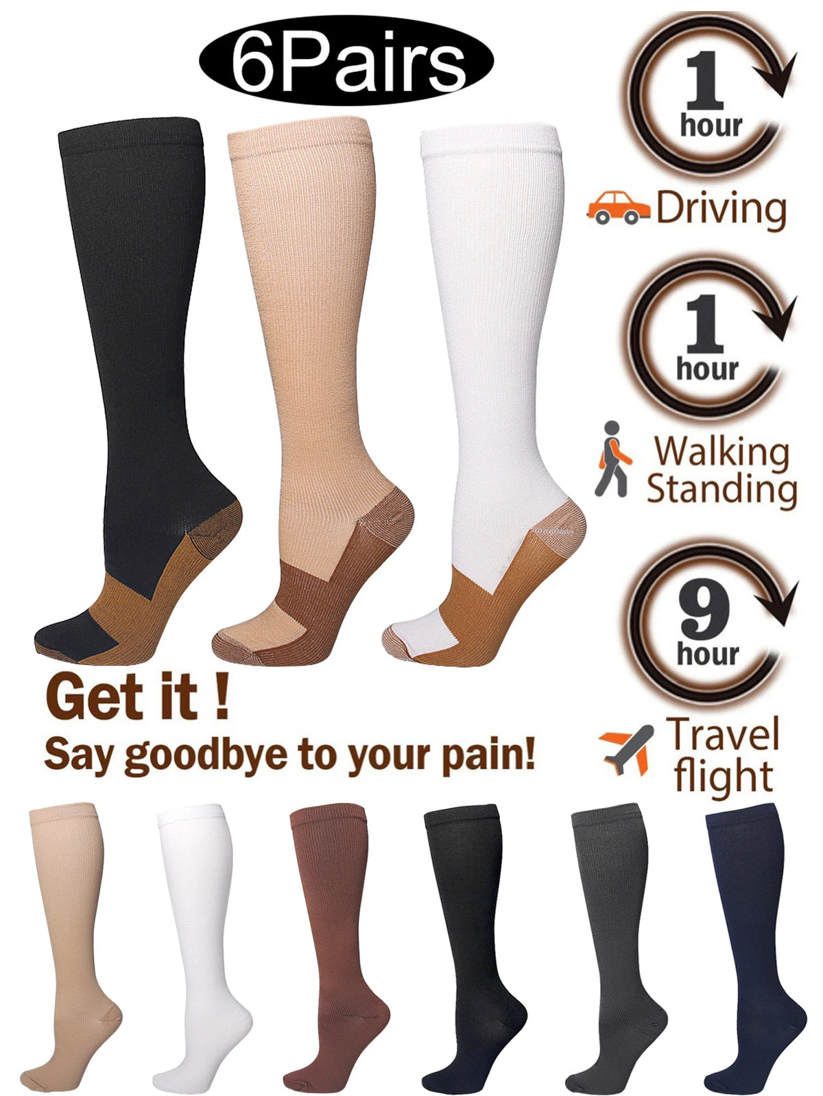 6Pairs Copper Ion Sports Compression Socks for Men Women Solid Color Compression Pressure Socks for Cycling Football Basketball