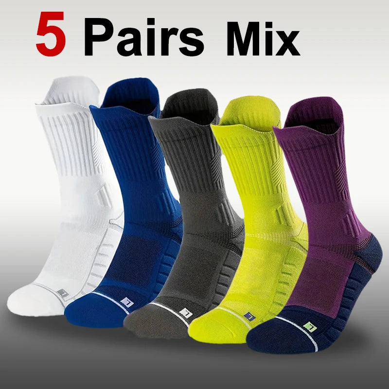 1/5 Pair Men Towel Bottom Basketball Sports Socks Anti Odor Sweat Absorbing Cushioning Shock Absorption All Season Running Socks