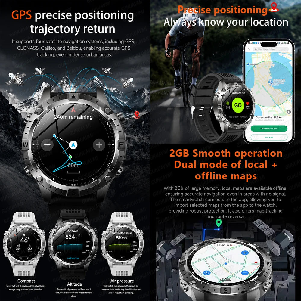 2026New Tank Grade Built in GPS SmartWatch Offline Map 10ATM Swim 2GB Music Compass Bluetooth Call Fitness Sports Smartwatch Men