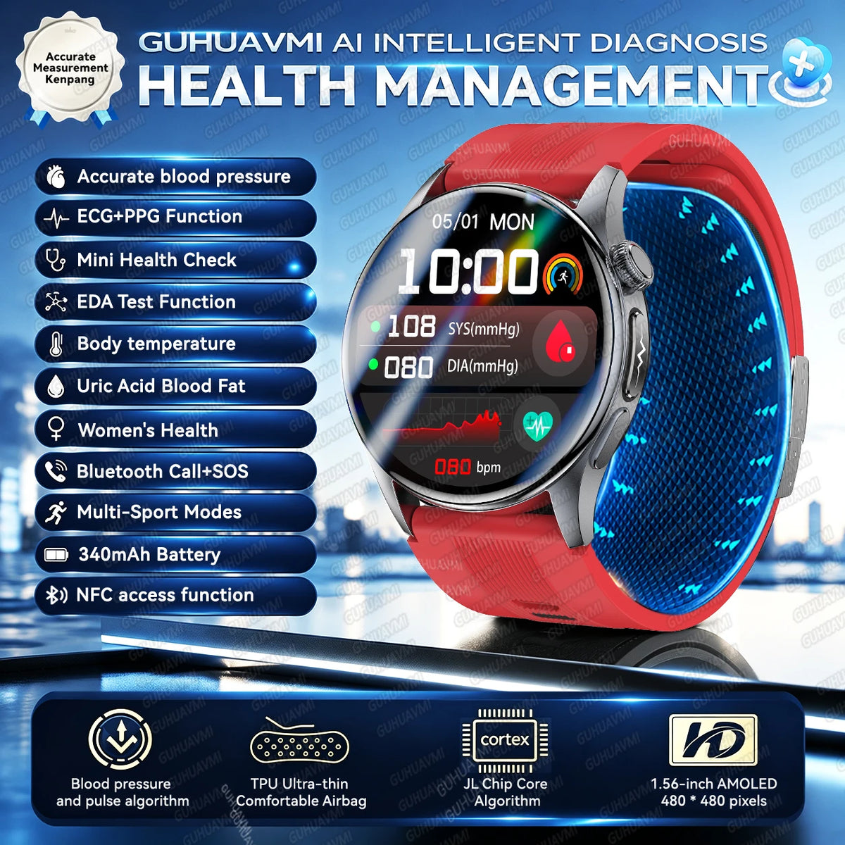 2026New Upgrade Airbag Health Smart Watch Accurate Blood pressure Uric Acid ECG 1.56“AMOLED Screen payment Fitness Nursing Watch