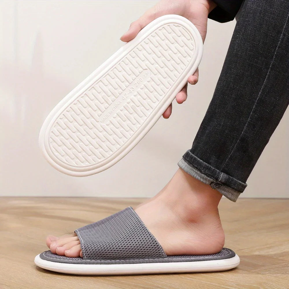 Men's Breathable Mesh On Open-Toe Slippers Lightweight Summer Indoor Shoes Soft Fabric for Home Comfort Flexible House Slippers