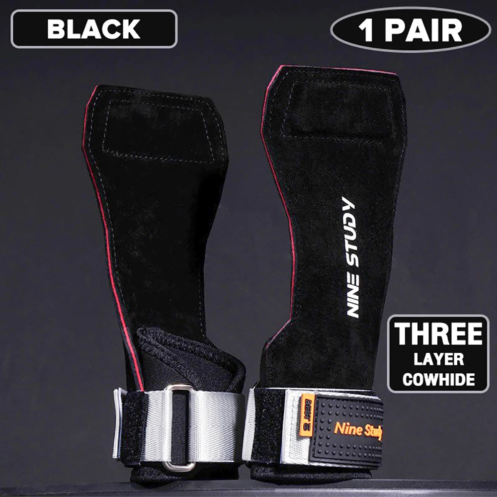 1 Pair Premium Anti-Slip Wrist Wrap Lifting Straps Grips Fitness Gloves for Gym Training Deadlifting 3 Layer Leather