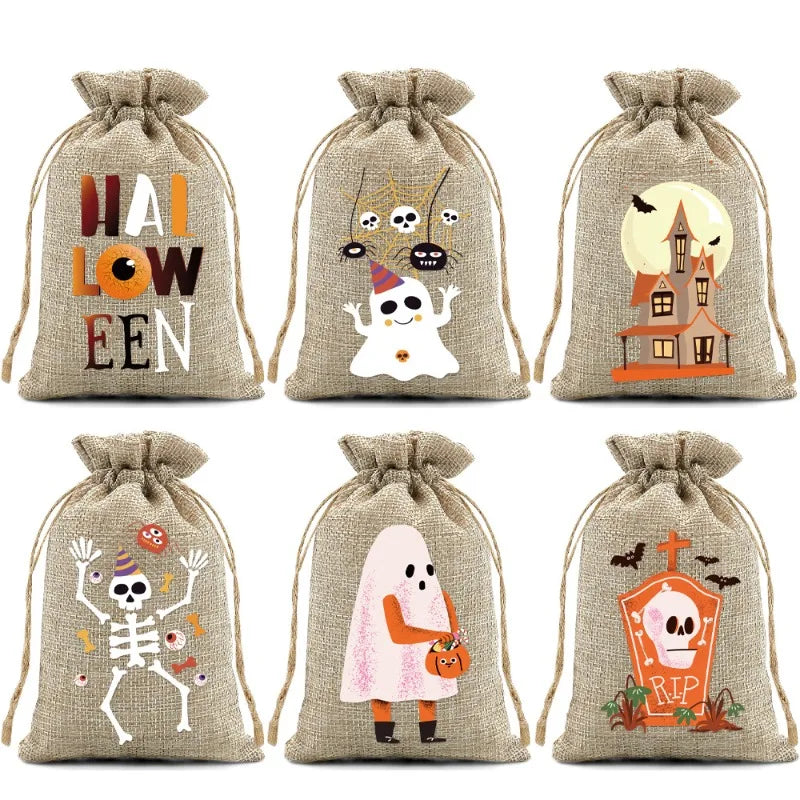 10pcs10X15cm Halloween Linen Drawstring Gift Bag Trick or Treat Party Children's Small Gifts Candy Packaging Storage Bag