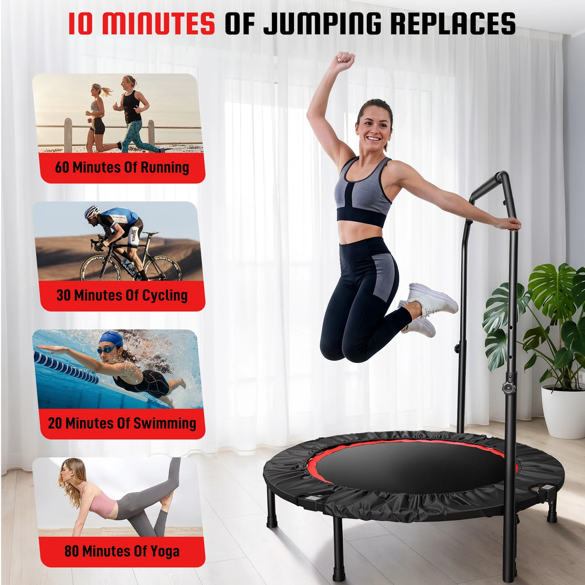 40-Inch Folding Rebounder Trampoline Fitness with Handlebar 716 lbs Weight Capacity Tool Free Assembly for Adults & Kids – Indoor & Outdoor Cardio Fat Burning & Body Shaping