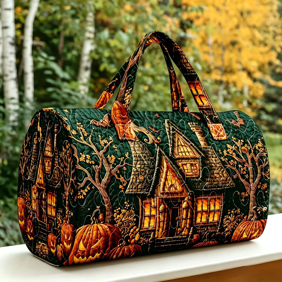 Halloween Quilted Luggage Bag Ghost Castle Weekend Bag Large Capacity Autumn Travel Gym Women's Overnight Short Trip Tote Bag