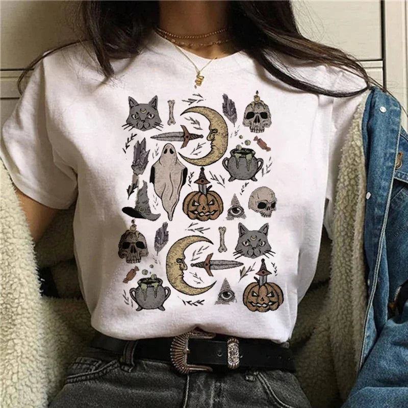 T-shirts Short Sleeve Harajuku Graphic Top Shirts Street Costume Women Cartoon Witch Magic Tshirt Halloween Print