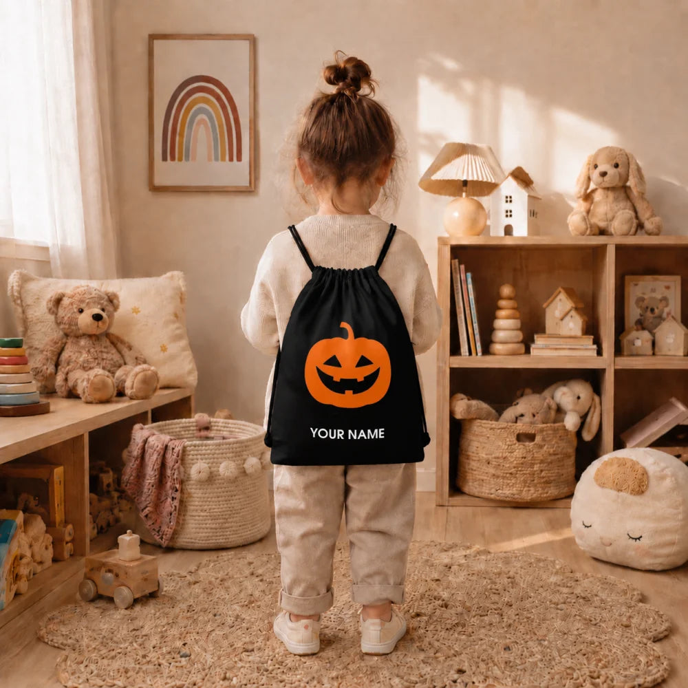 Kids Personalized Halloween Drawstring Backpack Trick Or Treat Candy Corn Custom Name Festival Sack Bag 34x41cm