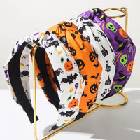 Women Halloween Cosplay Knotted Padded Headband Pumpkin Spider Bat Print Wide Hair Hoop Trick or Treat Hair Accessories