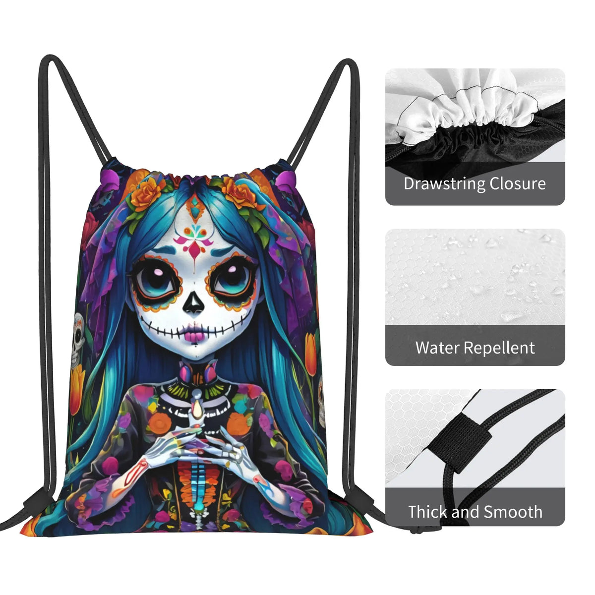 Custom Day of the Dead Gift Skeleton Girl Halloween Drawstring Bag for Shopping Yoga Backpacks Men Women  Sports Gym Sackpack