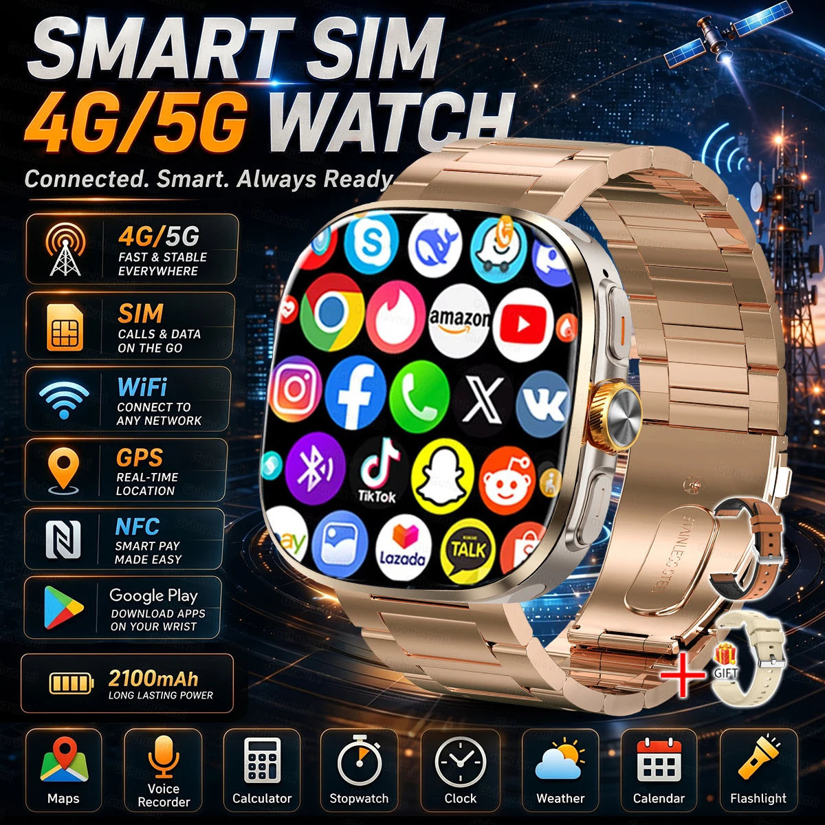 New upgrade 5G/4G Full Network Smart Watch AMOLED 2100mah Rotating Camera GPS WIFI Google APPS Download Smartwatch phone iOS