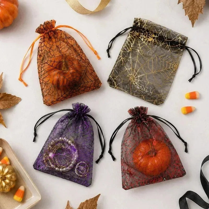 10/100pcs Halloween Candy Gift Bag Mesh Drawstring Spider Web Printing Storage Pouch Home Festival Party DIY Horror Decor Bag