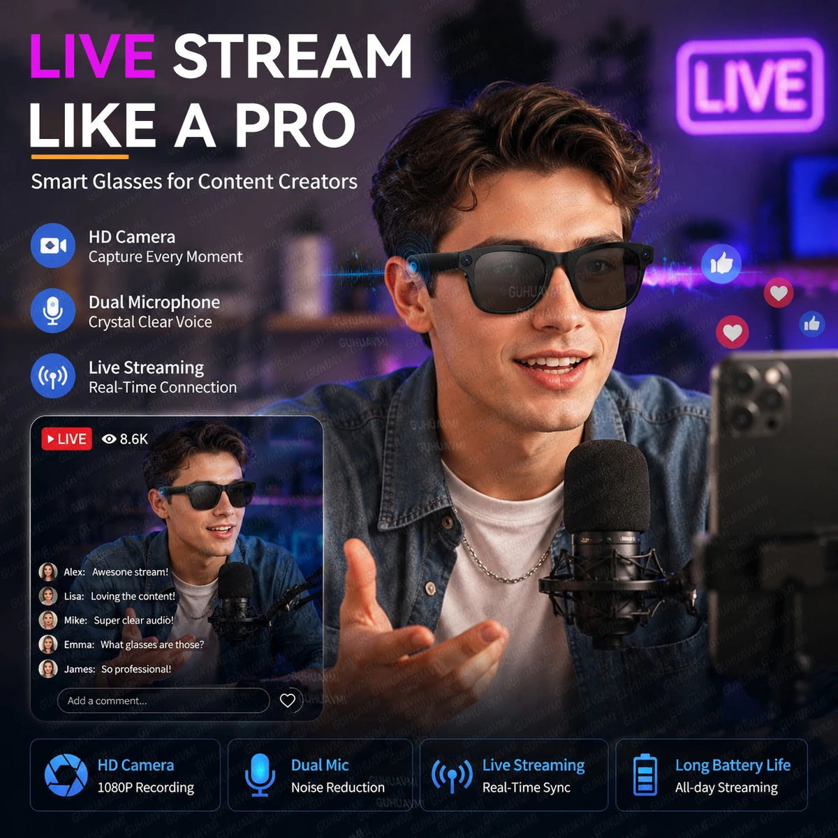 AI Glasses with 13MP POV Camera, Meeting Recording, Speech to Text, Smart Summary, Live Translation and Bluetooth Audio for Work