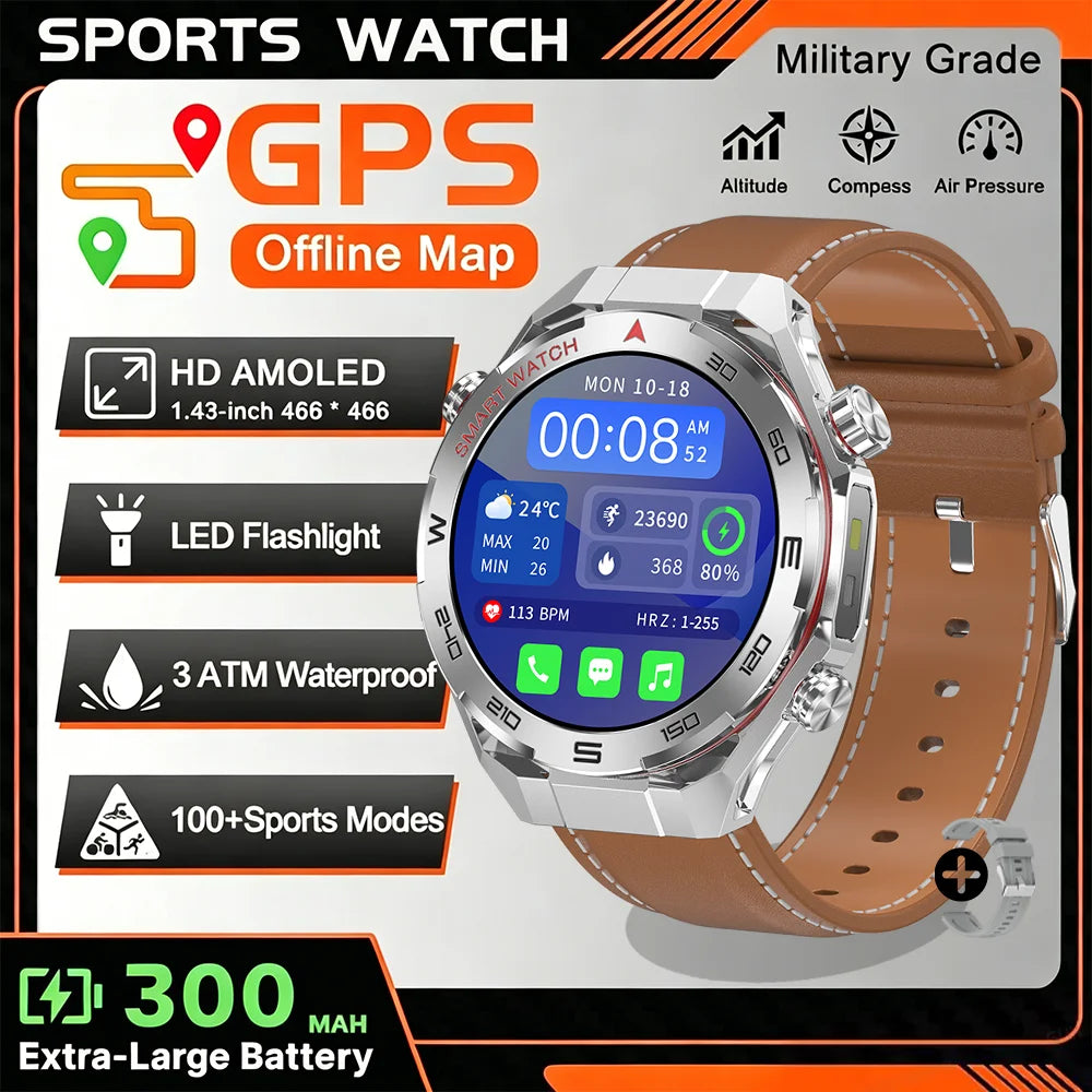 2026 New GPS Sports Smartwatch 300mAh Large Battery LED Flashlight Compass Barometer Military Grade Men's Smartwatch Gift
