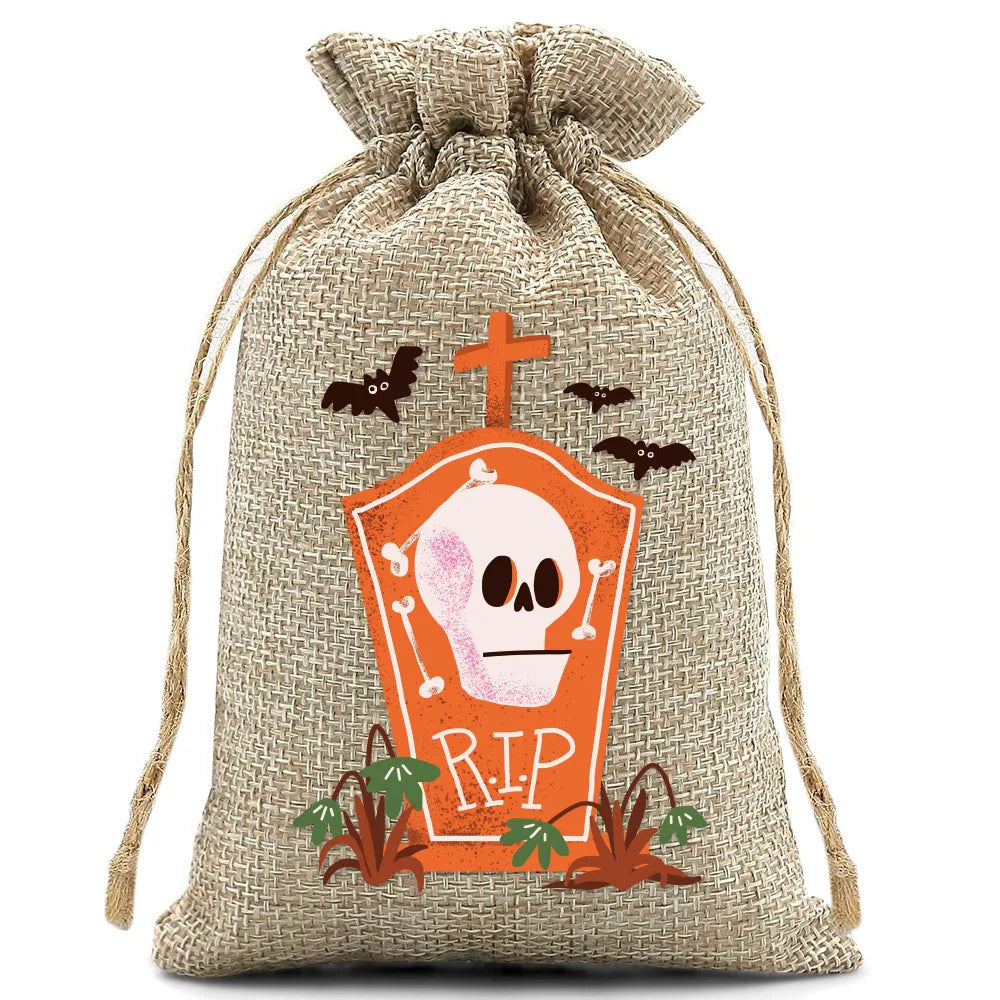 10pcs10X15cm Halloween Linen Drawstring Gift Bag Trick or Treat Party Children's Small Gifts Candy Packaging Storage Bag