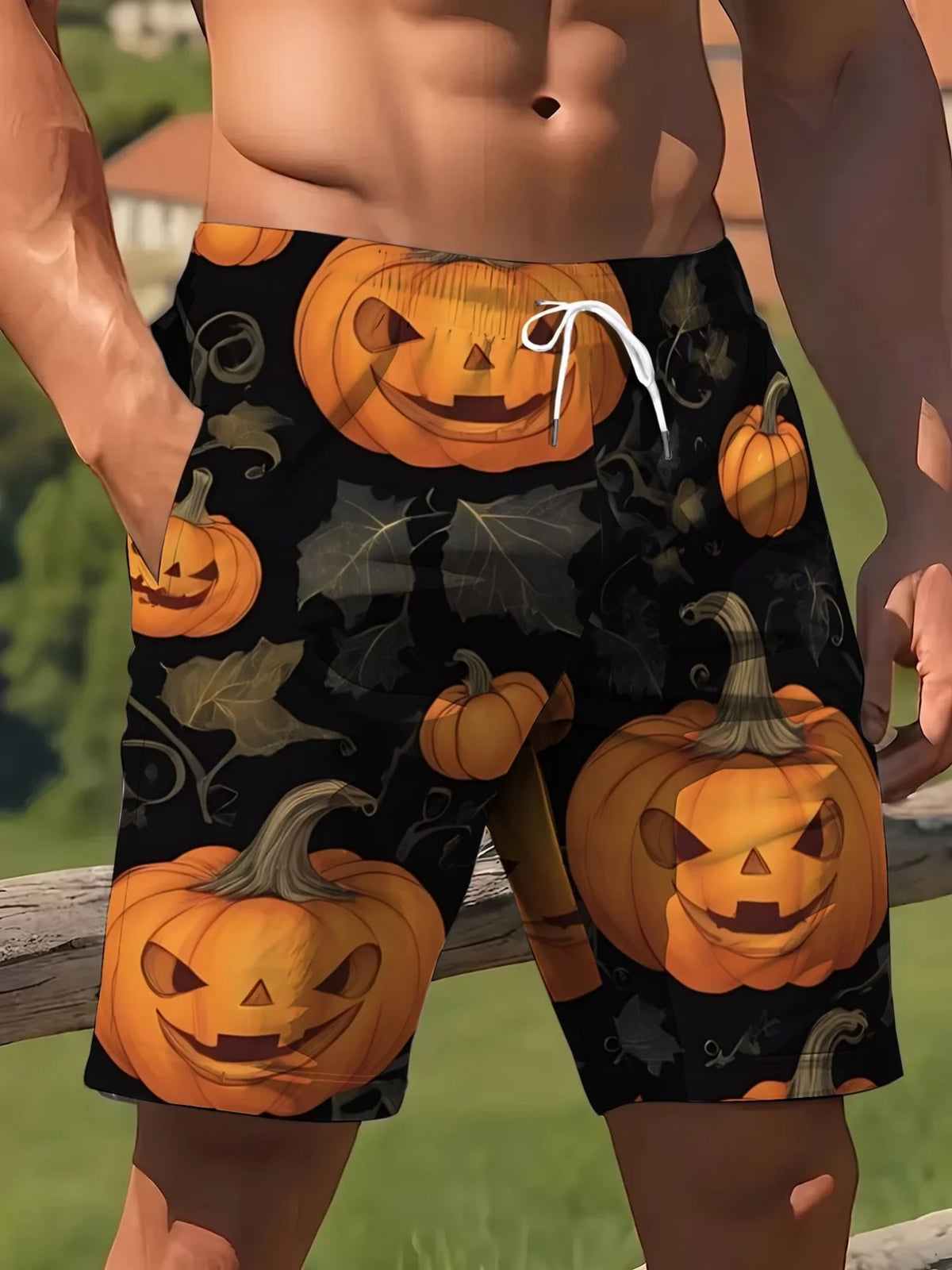 Summer Men's Women's Quick-Drying Beach Shorts Halloween Pumpkin Printed Shorts Beach Swimming Party and Outdoor Sport Shorts