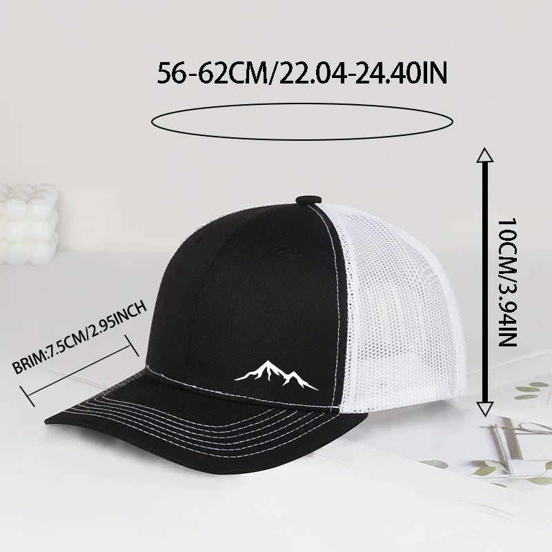 Minimalist Mountain Print Trucker Cap – Adjustable Unisex Camping and Travel Mesh Sun Hat for Hiking and Trekking