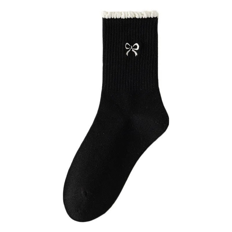 6 pairs of women's spring autumn mid-term socks with polka dot bows cute versatile simple comfortable casual socks