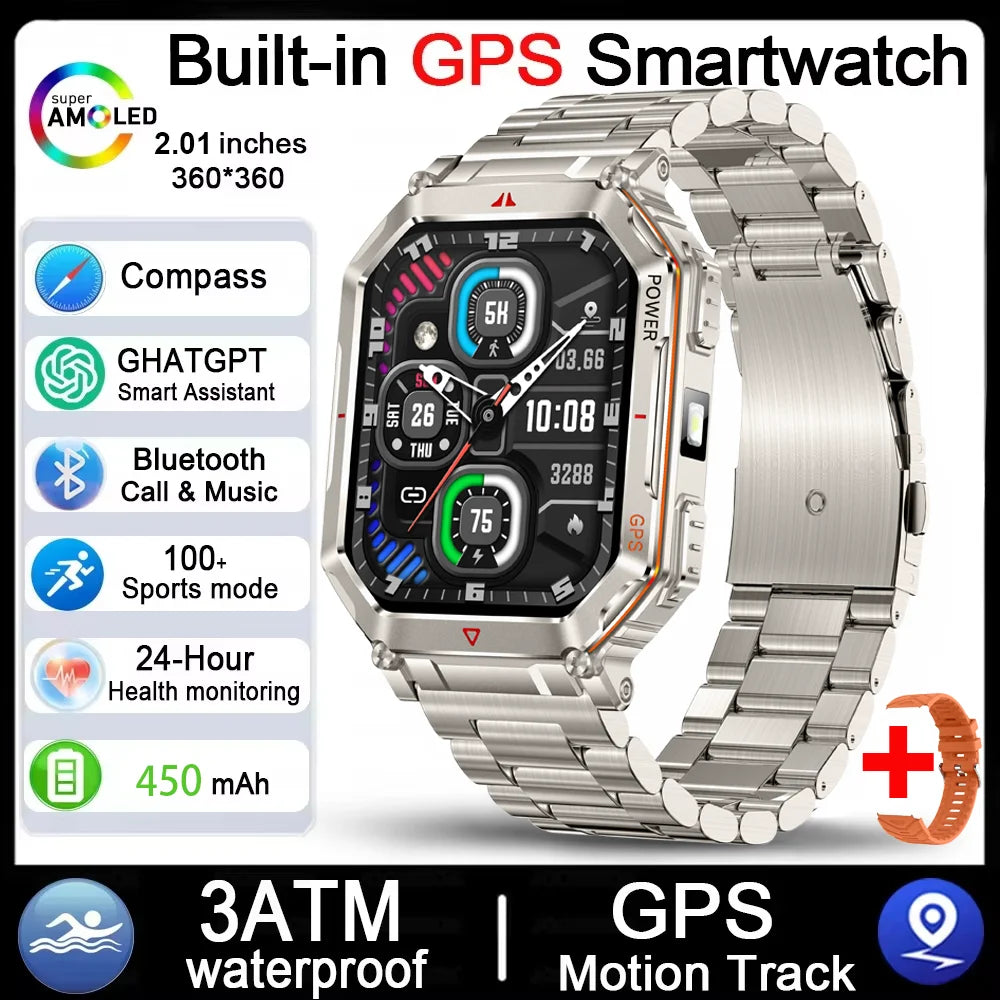 2026 New Men GPS Sports Smart Watch 2.01'' AMOLED Compass Heart Rate 400mAh Battery Bluetooth Call 10ATM Waterproof Smartwatch