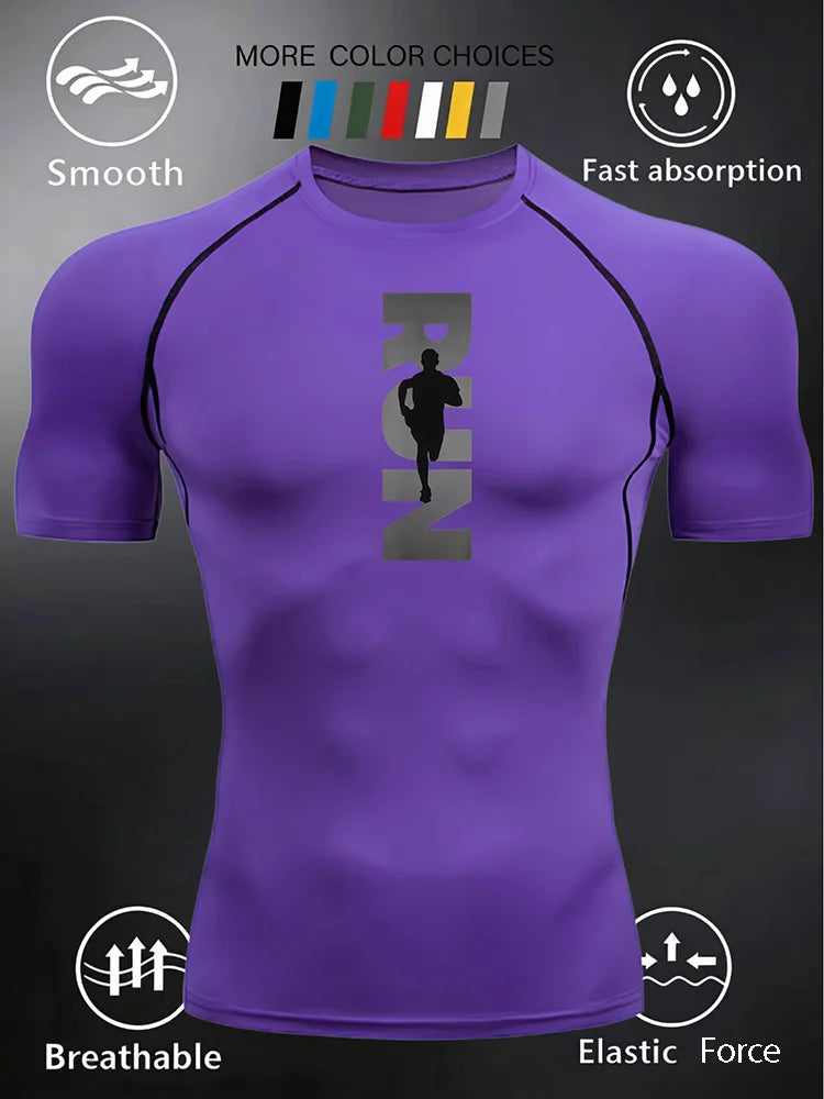 Men's and Women's Matching Short Sleeve T-Shirt with Pressed Design Printed RUN Pattern Fitness Top Suitable for Running - J34