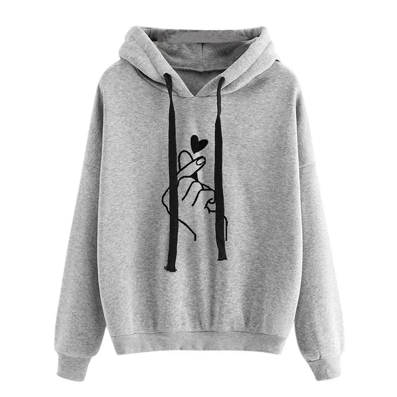 Plus Size Fleece Hoodie Solid Color Finger Heart Hooded Korean Fashion Sweatshirts Long Sleeve Drawstring Pockets Loose Hoodies