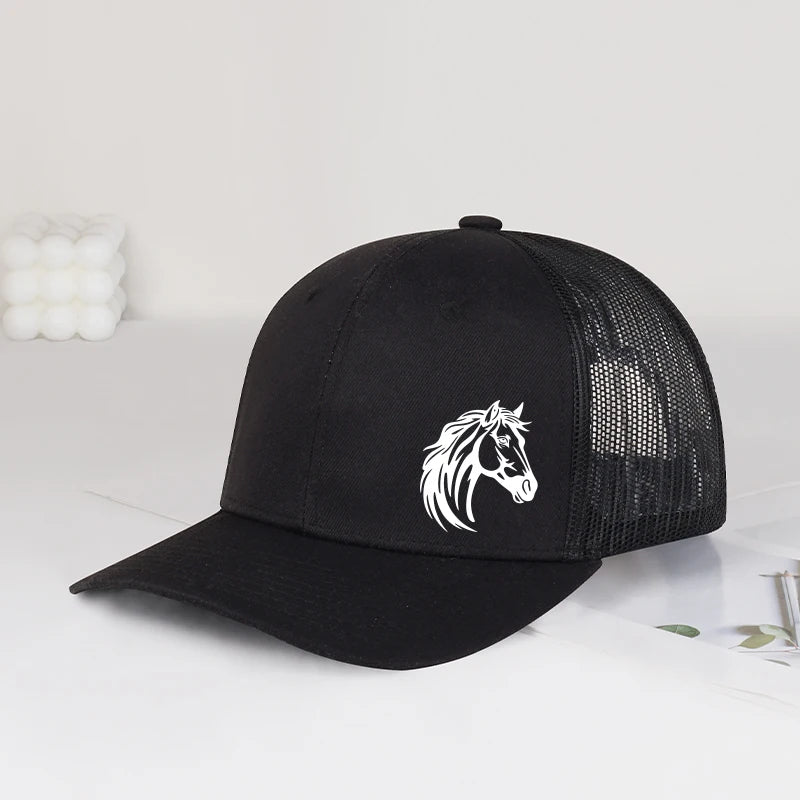 Western Horse Head Print Trucker Cap Adjustable Unisex Cowboy Riding Mesh Sun Hat