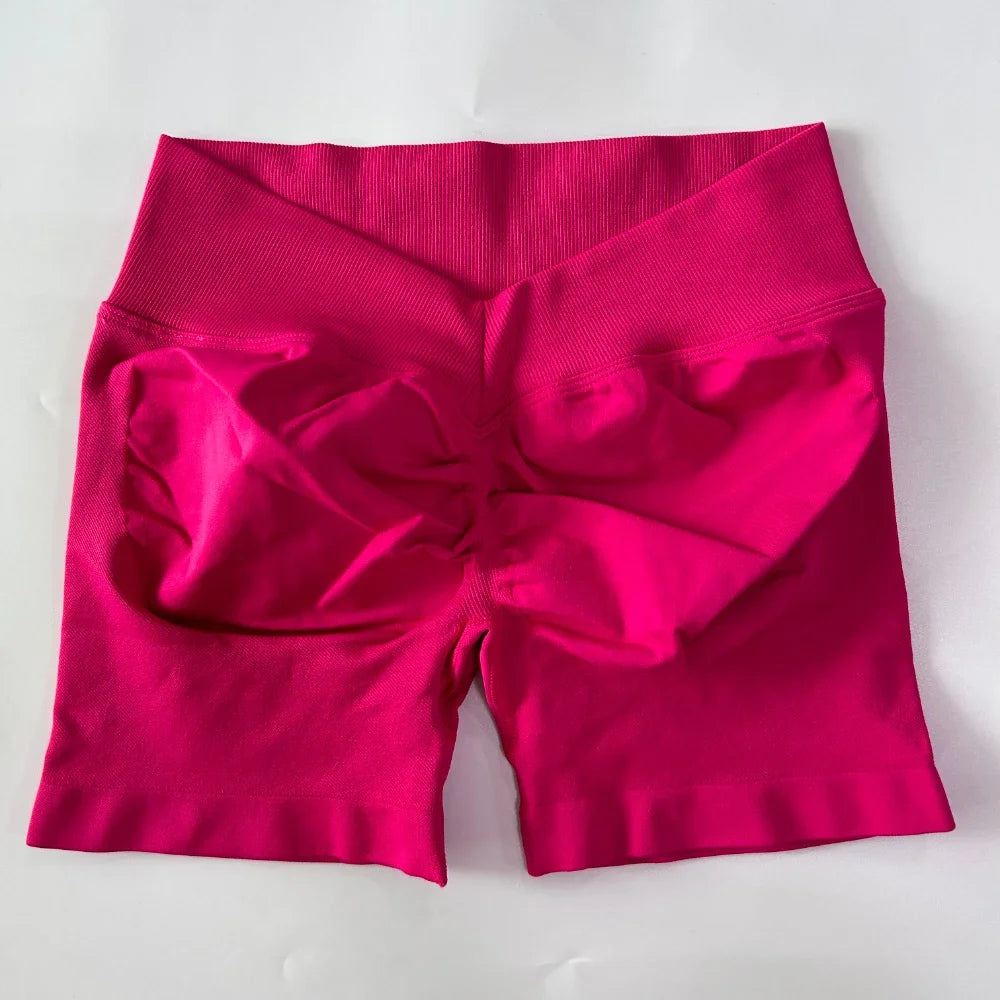 No Logo Women Back V Waist Yoga Shorts High Elastic Seamless Flex Scrunch Bum Workout Gym Shorts Yoga Booty Running Short Pants