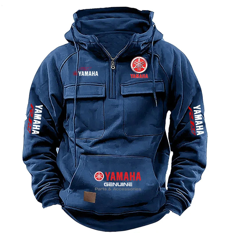 2026 New YAMAHA Logo Motorcycle Racing Race Retro Velvet Half Zipper Hoodie Men's Multi Pocket Autumn/Winter Casual Sweatshirt