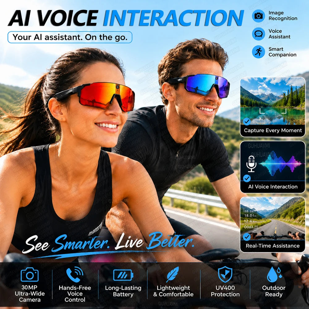 2026 New AI Smart Sports Glasses 800W Camera 1200P HD Anti-shake Cycling Video Shooting Artifact ChatGPT 32GB Windproof Goggles