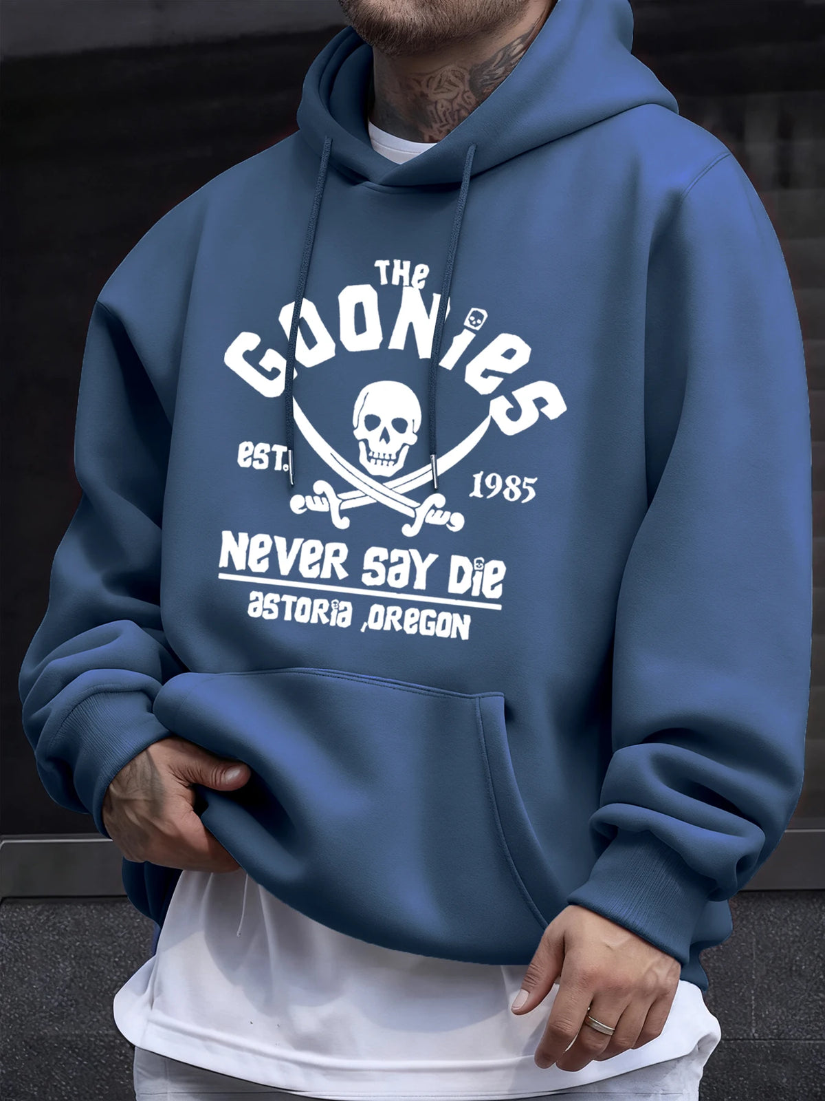 Distressed Goonies Never Say Die Mens Sweatshirt Fashion Casual Hoodies Soft Loose Pullovers Fleece Autumn Unisex Clothing