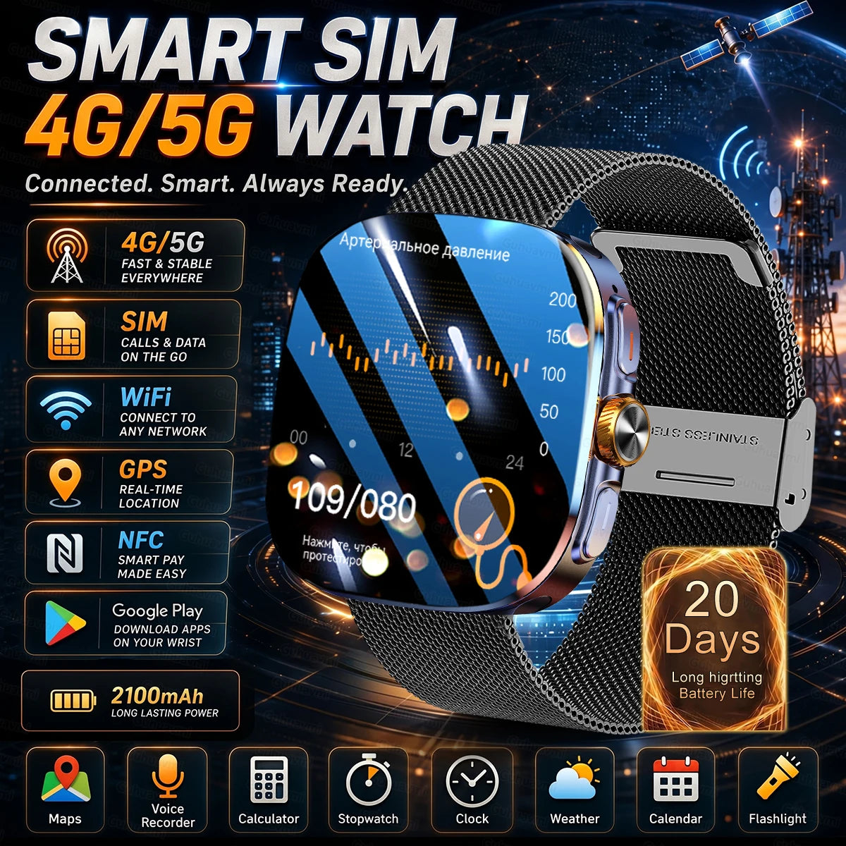 New upgrade 5G/4G Full Network Smart Watch AMOLED 2100mah Rotating Camera GPS WIFI Google APPS Download Smartwatch phone iOS