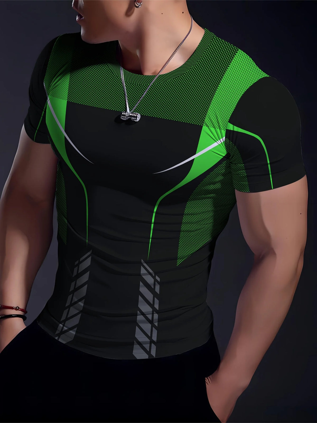 Men High Elastic Quick Dry Sports Compression Shirt Blue Line Mesh Print Short Sleeve Gym Running Training Top