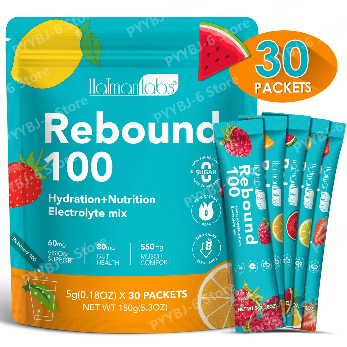HolmanLabs Rebound 100 Electrolyte Supplement Powder Sugar Free Hydration Gut Vision Muscle Health Vitamins C B6 B12 30 Packets