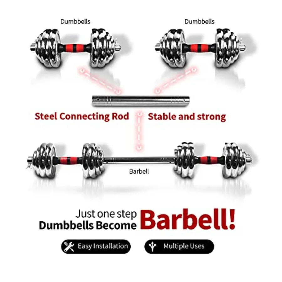 Home gym adjustable dumbbell set with 3-in-1 barbell rod, chromed metal weights, black finish, up to 110lbs max load, includes