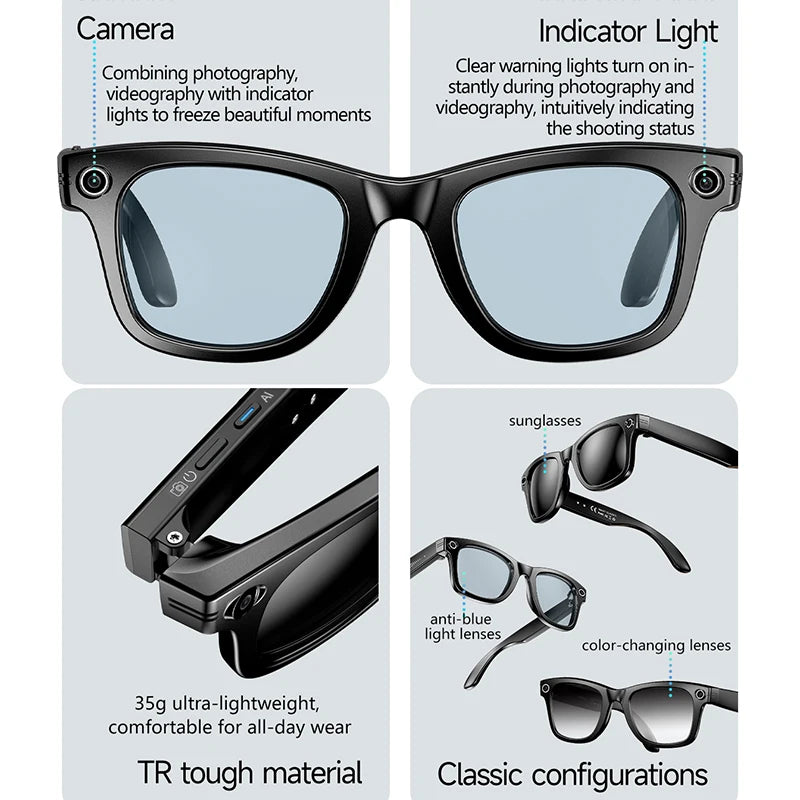 LIGE AI Smart Glasses with Camera Music Video Bluetooth Call Glasses Man 270mAh Voice Assistant Music Sunglasses for Android iOS