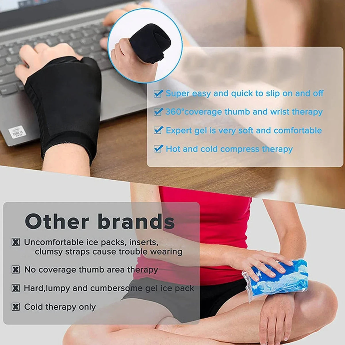 Wrist Solid Gel Ice Pack Hot Cold Hand Thumb Compression Sleeve Wrap for Carpel Tunnel Arthritis Sports Injuries Pain Relief