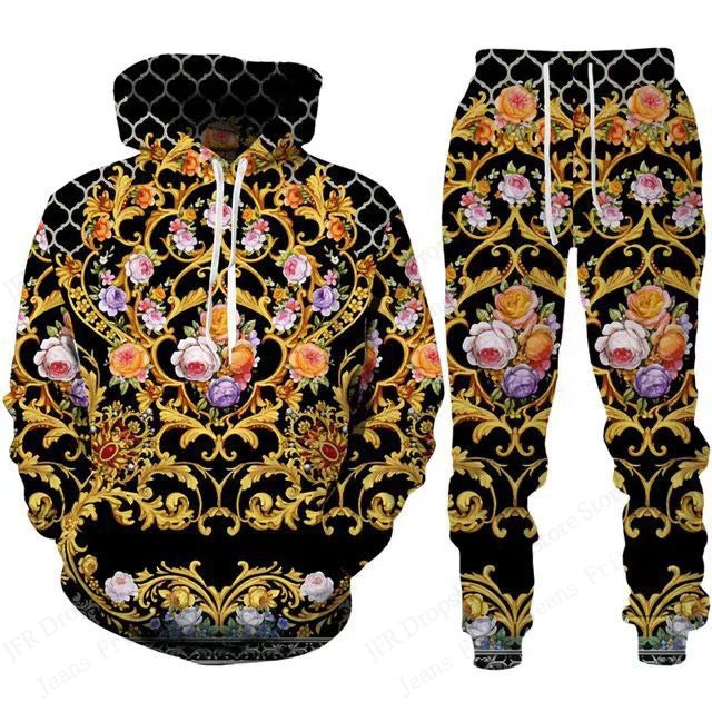 Mens Two Piece Hoodie Pant Sets Golden Pattern 3d Print Sets Men Women Fashion Hoodie+Pant 2 Piece Suit Sports Tracksuit Comfort