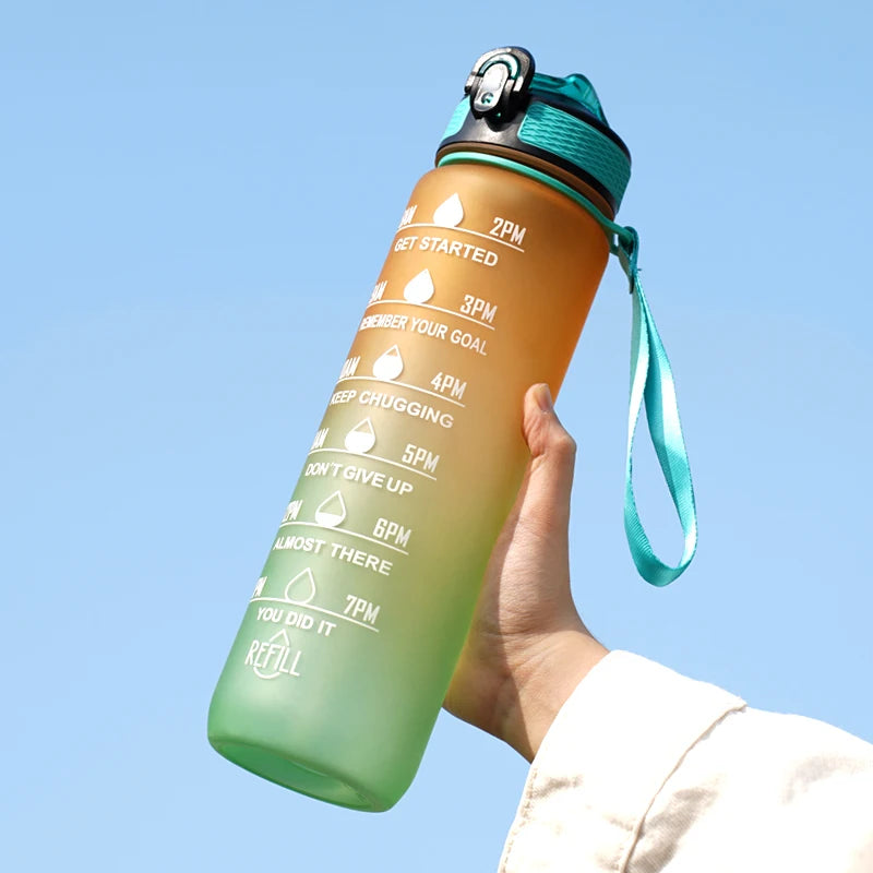 1L Water Bottle 12 Colors Leak Proof with Time Mark Drink and Straw Motivational Drinking Sports Water Bottle for Outdoor Hiking